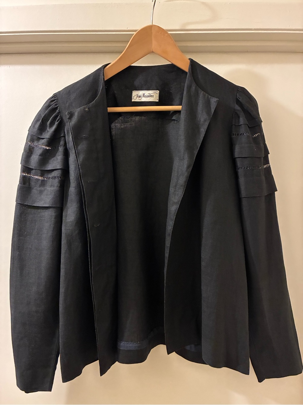 Vintage Frank Masandrea Black Linen Women's Open Front Jacket